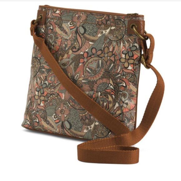 NWT SAKROOTS Sienna Brown Floral Nylon Printed One Zip Pocket Crossbody - Picture 1 of 9